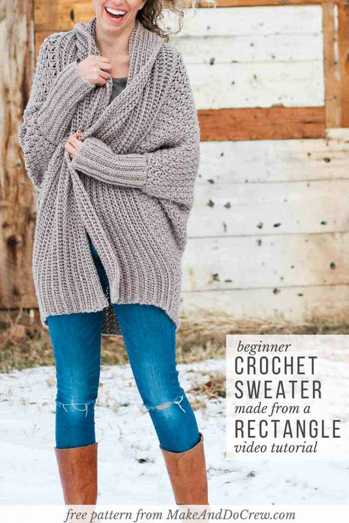 Learn how to make an easy cardigan from a simple rectangle in this beginner crochet sweater video tutorial. Follow along with the free crochet pattern from Make & Do Crew featuring Lion Brand Heartland yarn. 