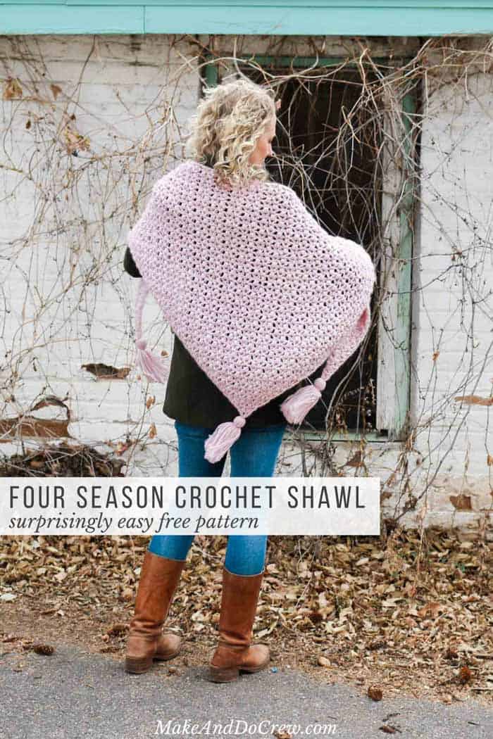 This dreamy crochet lace shawl in perfect for Spring, Summer, Winter or Fall. Or wear it as a triangle scarf for an adorable tassel look. Free pattern featuring Lion Brand Touch of Alpaca yarn.