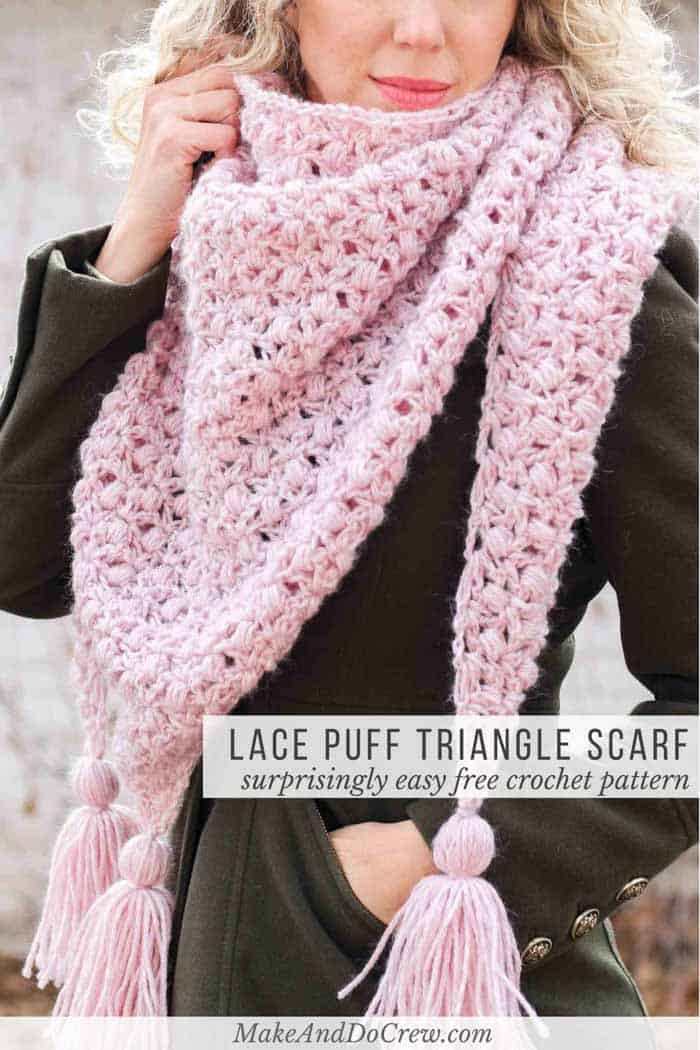 Dreamy! This lace crochet triangle scarf doubles as a shawl with tassels too. This free pattern featuring Lion Brand yarn is so much easier than it looks!