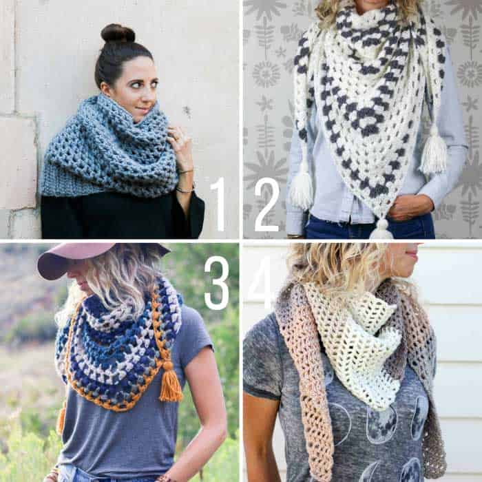 Free easy crochet scarf, cowl and shall patterns from Make and Do Crew using Caron Cakes and Lion Brand Yarn.