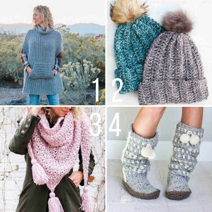 Here are some modern free crochet patterns that use Lion Brand Yarn including slippers, beanies, a poncho and a scarf! Designed by Jess Coppom from Make & Do Crew.