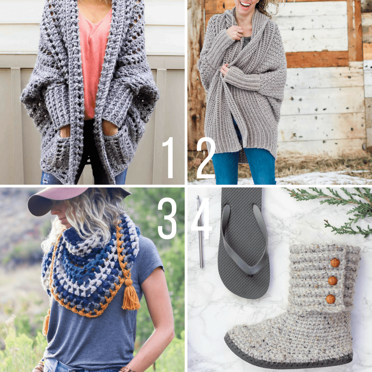 Free crochet patterns with video tutorials that feature Lion Brand yarn. Patterns include cardigans, sweaters, a triangle scarf and crochet boots made with flip flops.
