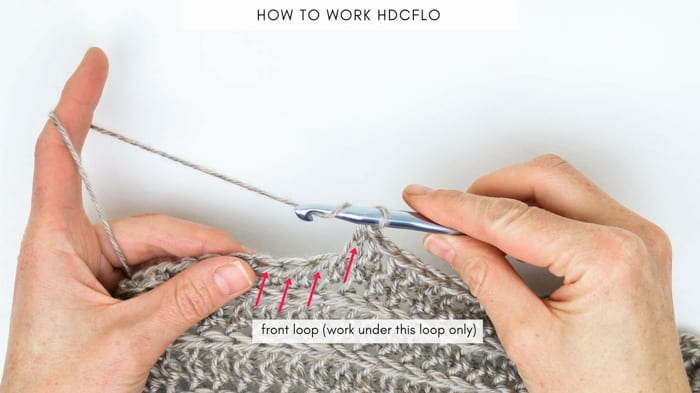 Learn how to half double crochet through the front loop only (hdcflo) in this simple step-by-step tutorial featuring Lion Brand Heartland yarn.