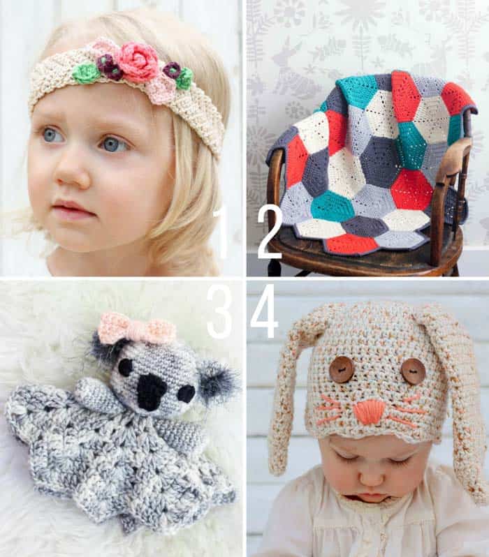 Free crochet patterns for babies, toddlers and kids including a flower headband, hexagon afghan, koala lovey and bunny hat. Designed by Jess Coppom of Make & Do Crew.
