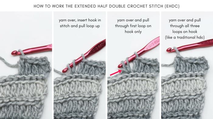 Tutorial on how to work the extended half double crochet stitch.