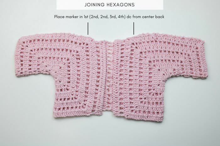 How to crochet a toddler sweater out of two simple hexagons by joining the two main hexagons.