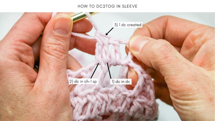 How to double crochet two together (dc2tog) to decrease on this toddler sweater's sleeves.