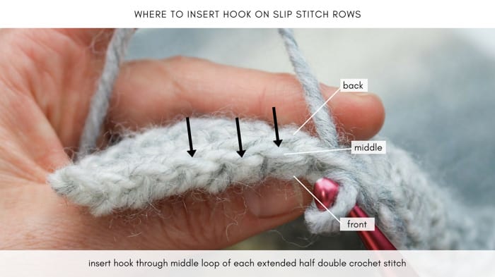 Tutorial showing how to add use extended half double crochet stitches and slip stitches to make crochet look like knitting.