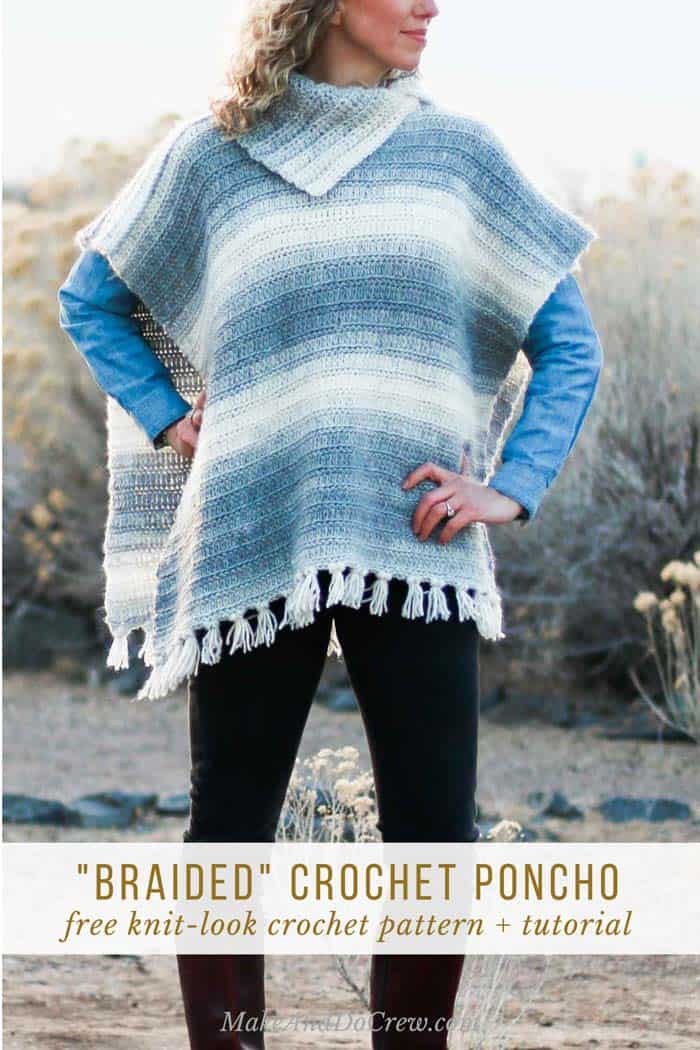 Woman in a desert setting wearing a southwestern-looking handmade crochet poncho with fringe (and no sleeves).
