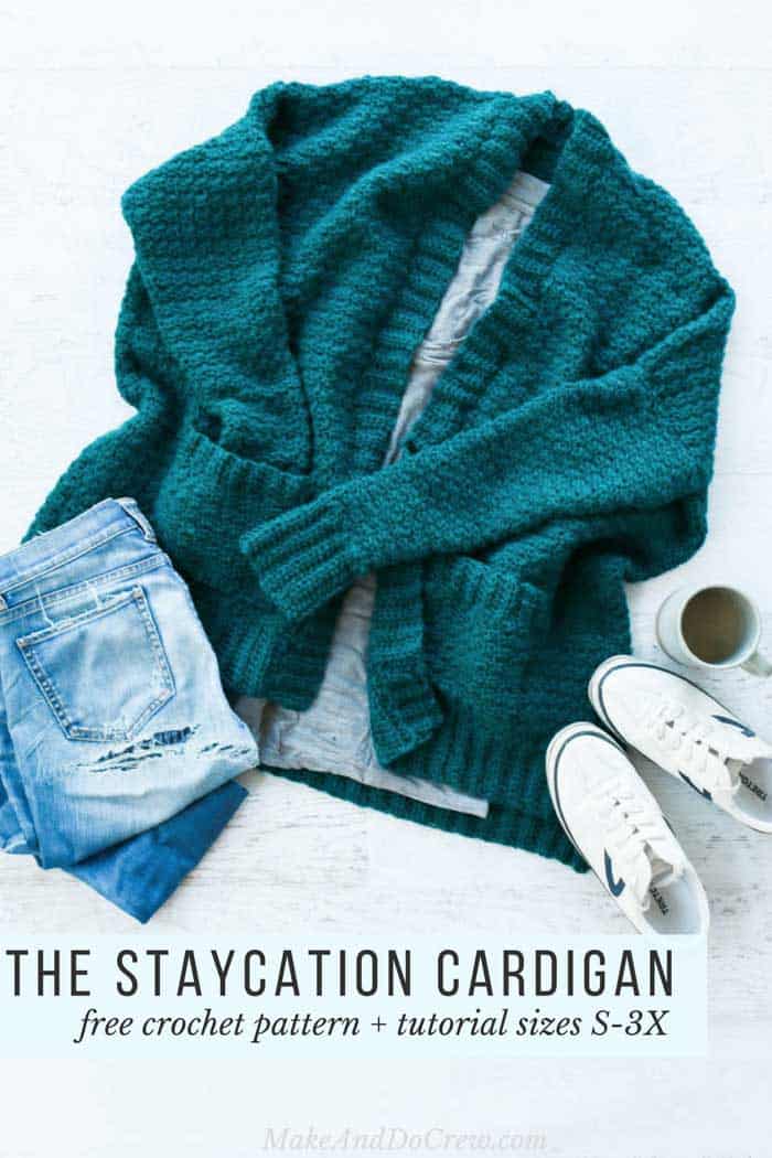 The Staycation crochet cardigan pattern (which includes petite and plus sizes!) is an easy flattering sweater that uses the griddle crochet stitch and Lion Brand Touch of Alpaca yarn. Free pattern and tutorial!