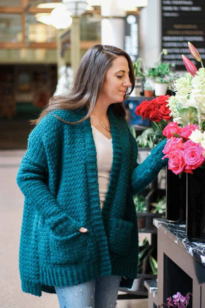 The Staycation women's crochet cardigan pattern, free from Make & Do Crew featuring Lion Brand Touch of Alpaca Yarn. 