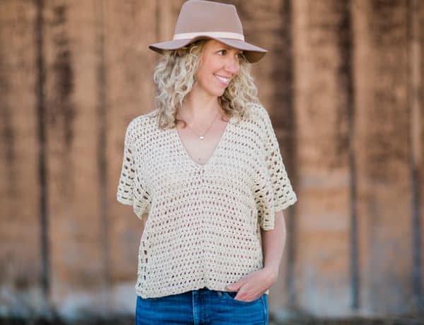 Summer crochet top free pattern made from two rectangles. Lion Brand LB Collection Cotton Bamboo in "Magnolia."