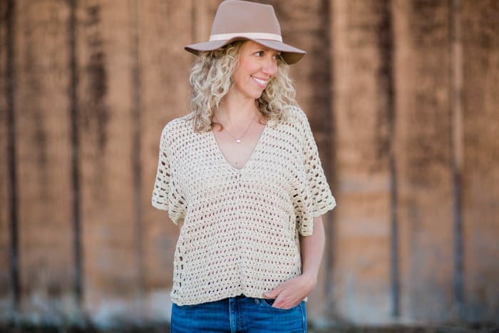 Summer crochet top free pattern made from two rectangles. Lion Brand LB Collection Cotton Bamboo in "Magnolia."