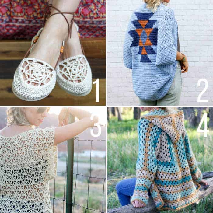 Free boho crochet patterns including sandals with flip flop soles, a hexagon sweater, and an Aztec shrug.