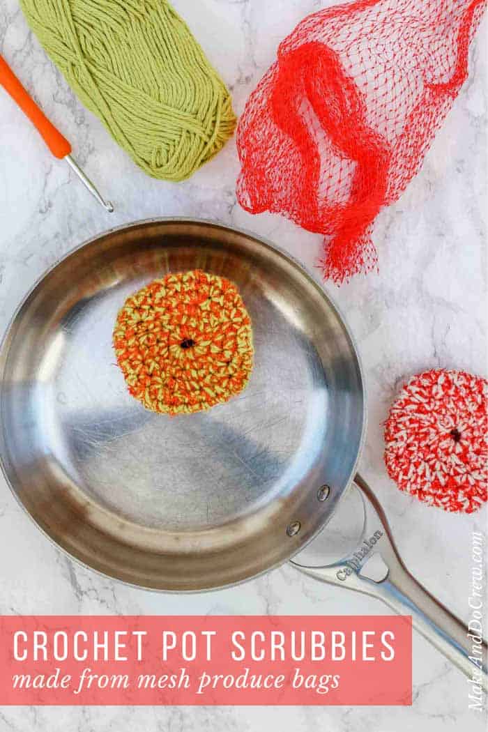 Keep your dishes clean and mesh produce bags out of the landfill at the same time with this simple crochet pot scrubber pattern! Perfect Earth Day craft idea you can use year round. Get the free pattern and tutorial featuring Lion Brand Yarn's Kitchen Cotton. 