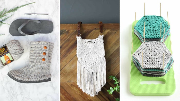 Earth Day craft ideas included crocheted flip flop boots, upcycled belt purses and a crochet blocking board made from a kneeling pad.