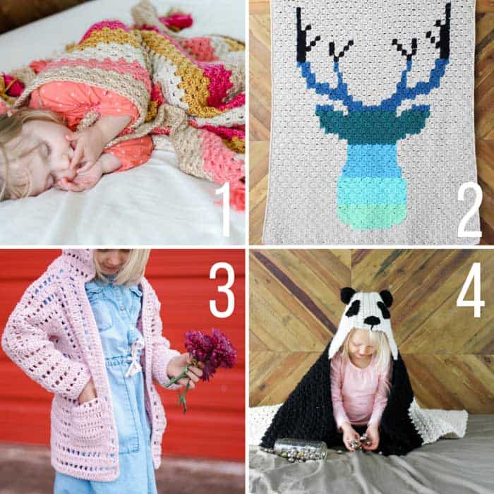 Modern free crochet patterns for babies and kids including a panda hooded blanket, a hexagon cardigan, a c2c deer afghan and a granny stripe afghan with tassels.