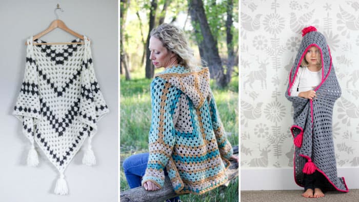 Free modern crochet granny stitch patterns including a sweater, a shawl and a hooded blanket. 