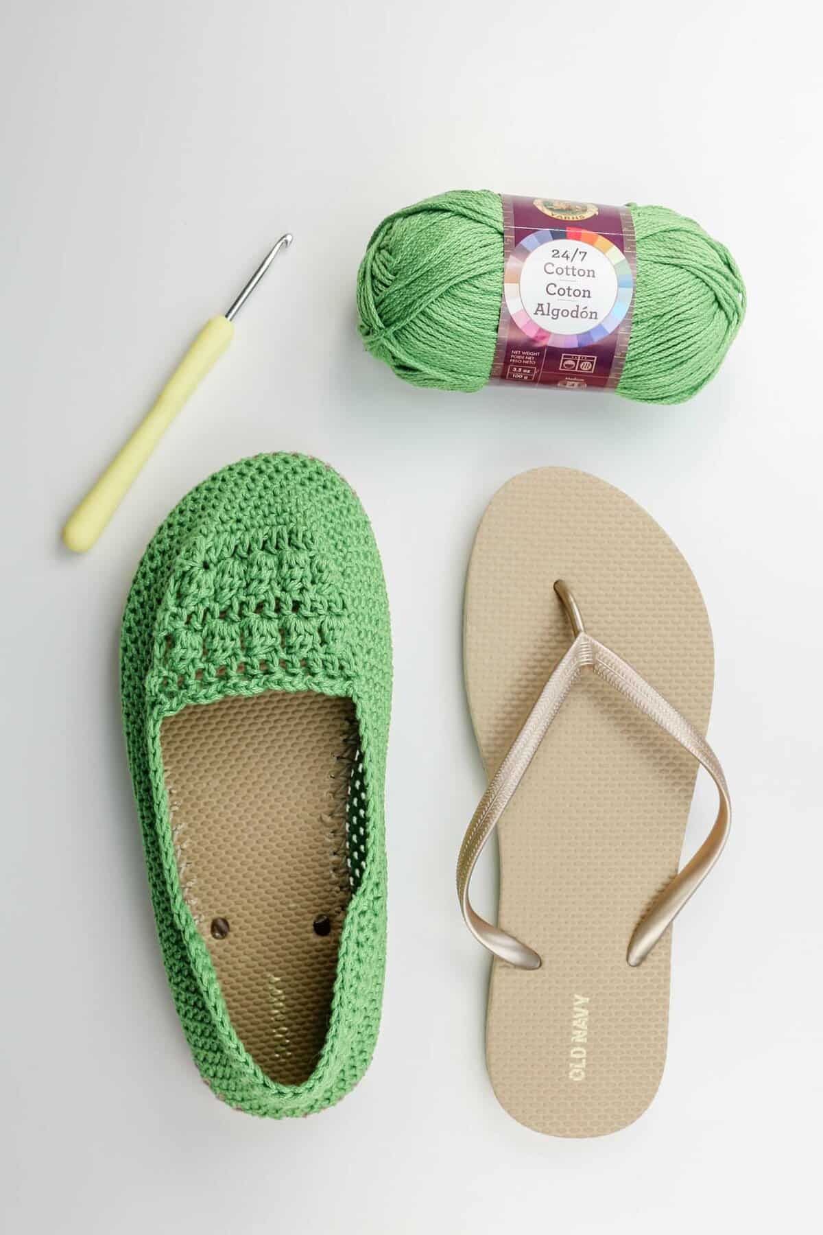 Learn how to crochet shoes with rubber flip flop soles using Lion Brand 24/7 Cotton.