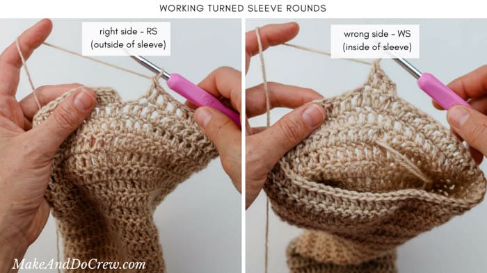How to crochet in turned rounds to make crochet sweater sleeves. 