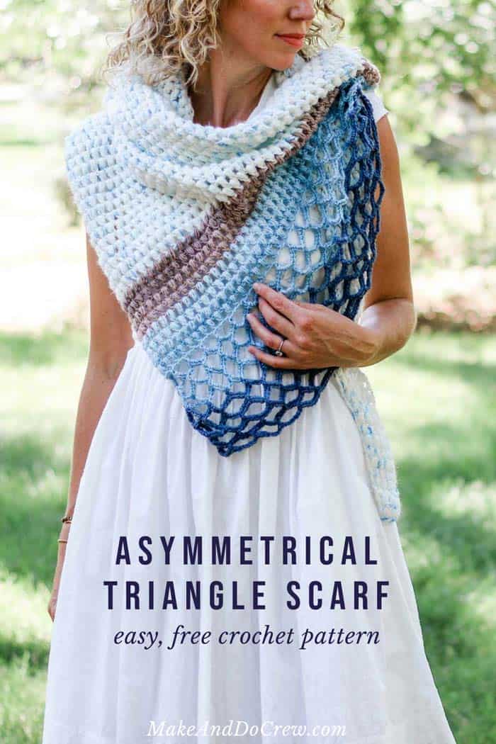 This easy, asymmetrical crochet triangle scarf pattern is perfect for summer weddings. The puff stitch and lace pattern are very simple to learn, yet create a beautiful effect. Free pattern and tutorial featuring Lion Brand Mandala and Ice Cream yarns!