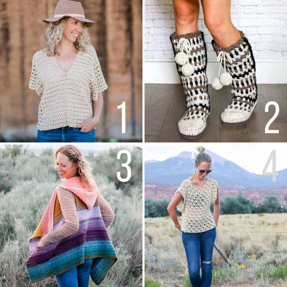 Free crochet patterns for boho garments and footwear.