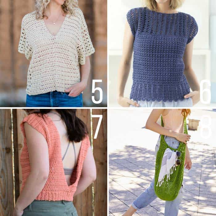 Free lightweight crochet patterns for spring and summer including a boho poncho top, a lacy shirt, an open-back top and a market tote bag.