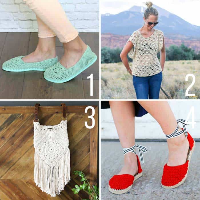 Free summer crochet patterns from Make & Do Crew including crochet shoes with flip flop soles, and boho purse and a loose, drapey lace top.