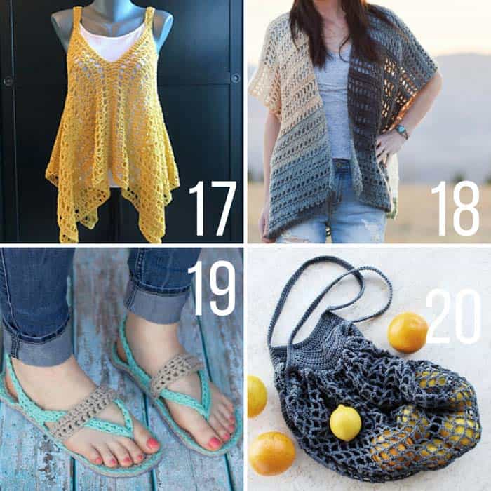 Free crochet patterns for spring and summer including a market tote bag, flip flop sandals, a kimono and a granny stitch tank top.