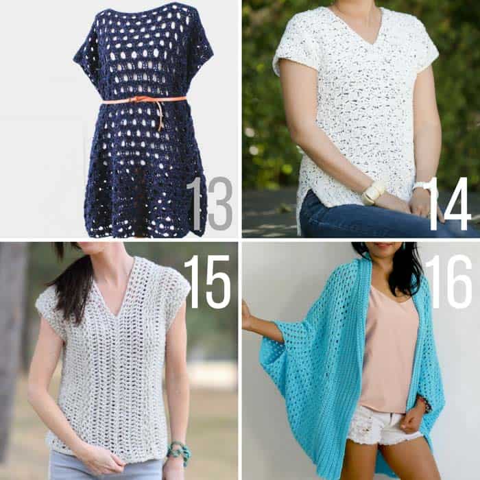 Free warm weather crochet patterns including a lacy tunic, a corner to corner crochet shirt, a simple top made from two rectangles and an easy shrug.