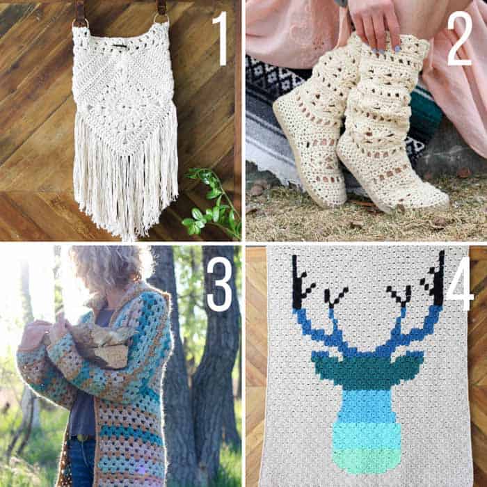 Free crochet patterns from Make & Do Crew featuring Lion Brand Yarn including a purse, crochet boots, a hexagon sweater and a c2c deer blanket.