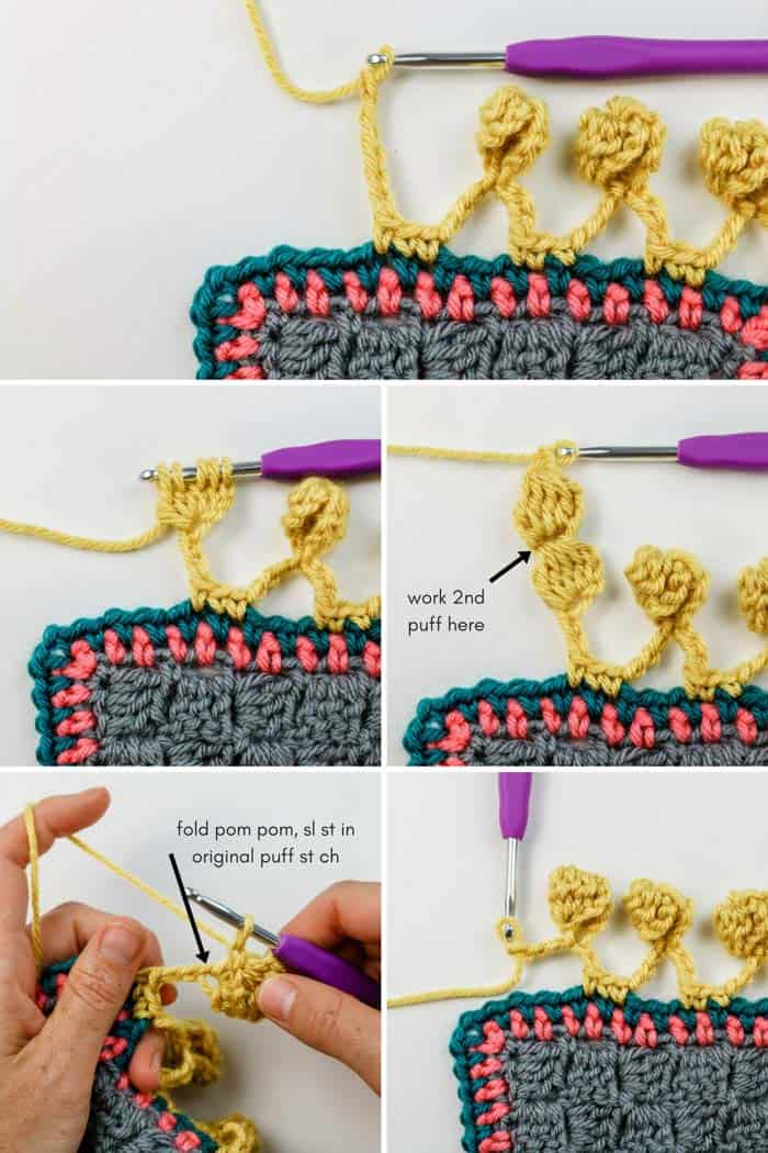 Step-by-step tutorial on how to crochet a pom pom border or edging on any blanket or afghan.