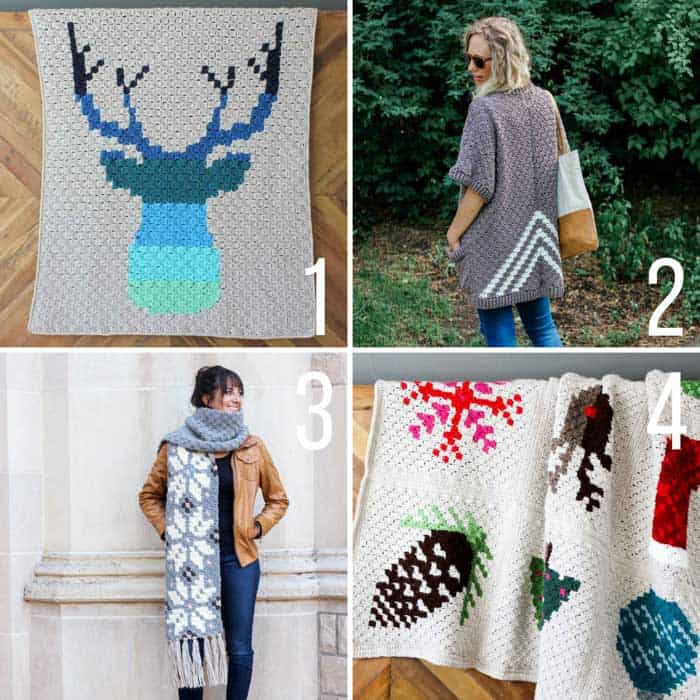 Free C2C (corner to corner) crochet patterns from Make and Do Crew including blankets, afghans, a c2c sweater and nordic snowflake scarf.