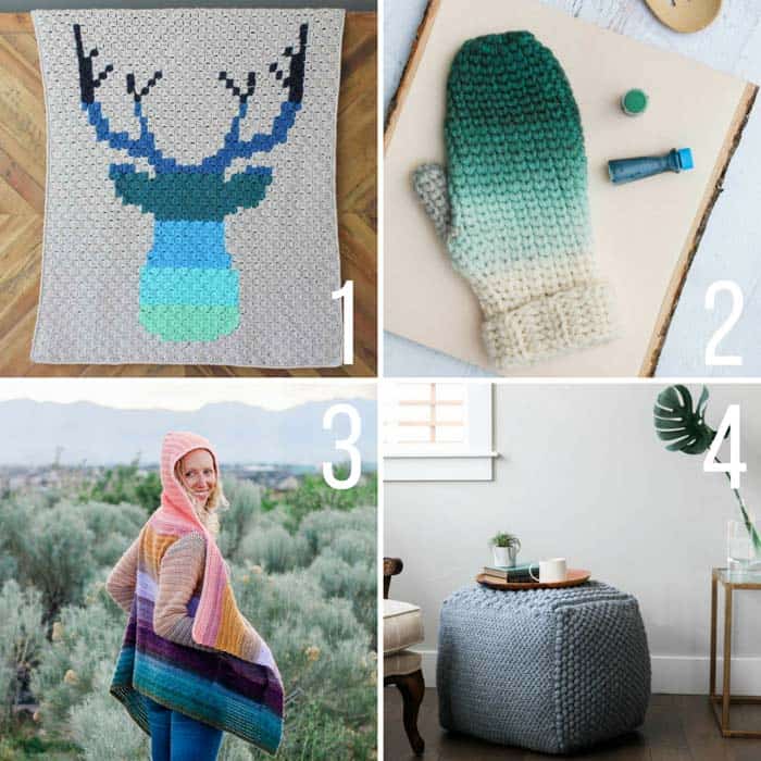 Free ombre crochet patterns using Lion Brand Yarn including a sweater, a c2c deer afghan and a mitten pattern.