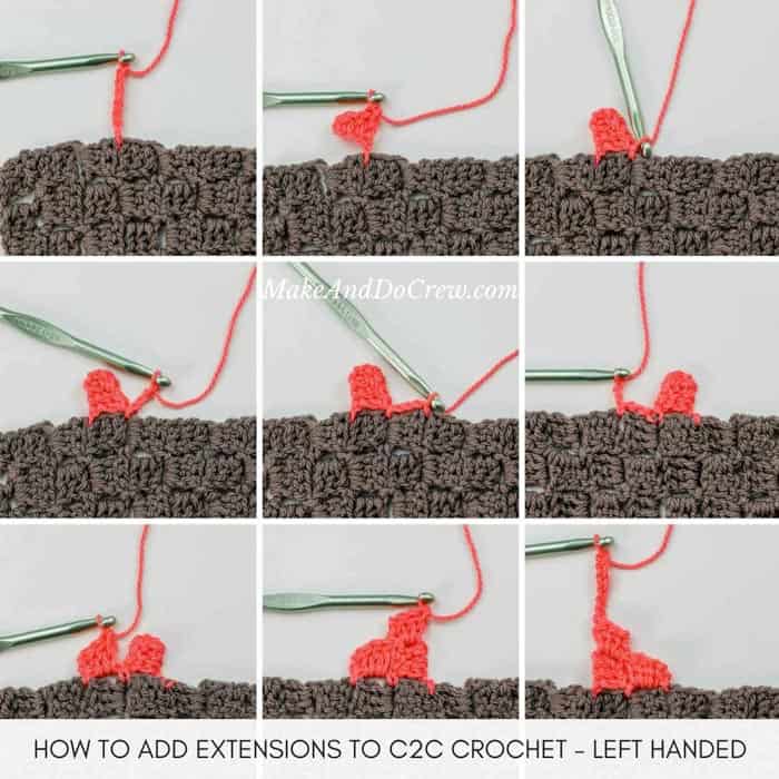 Learn how to seamlessly add pieces of c2c crochet to an existing piece of c2c crochet. Left handed tutorial featuring Lion Brand ZZ Twist.