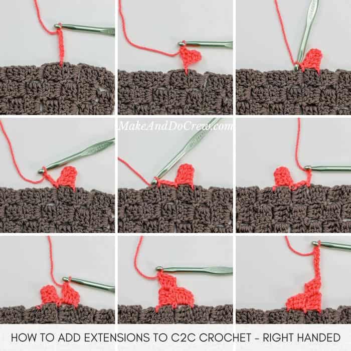 Learn how to seamlessly add pieces of c2c crochet to an existing piece of c2c crochet. Right handed tutorial (including video).