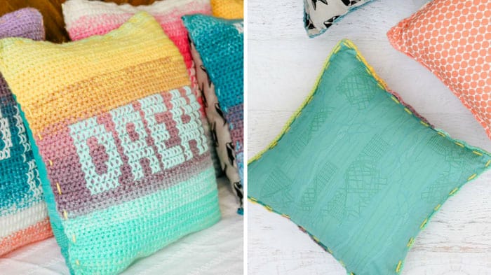 Close up of crochet pillows with cross stitch designs and fabric backing. Made with Lion Brand Mandala yarn to create an ombre effect.