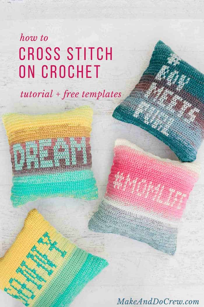 So fun! This tutorial teaches you the easy technique of cross stitching on crochet fabric to personalize pillows, hats and other free crochet patterns. Featuring Lion Brand Mandala and Cupcake yarn.