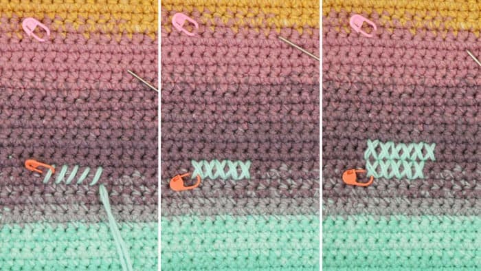 This tutorial shows you how to cross stitch on crochet fabric by creating one row of slanting stitches, then crossing it with a second pass going the opposite direction.