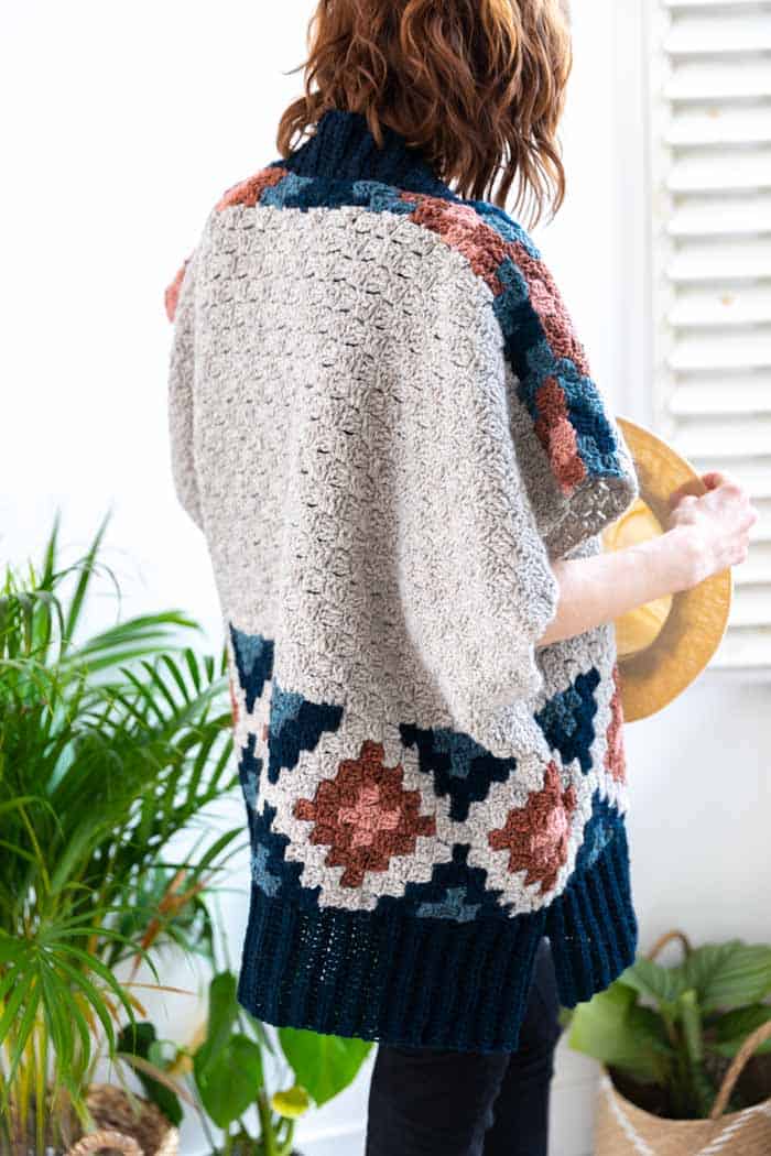 Corner to corner crochet (c2c) southwest ruana poncho pattern from Corner to Corner Crochet: 15 Contemporary C2C projects book by Jess Coppom of Make & Do Crew.