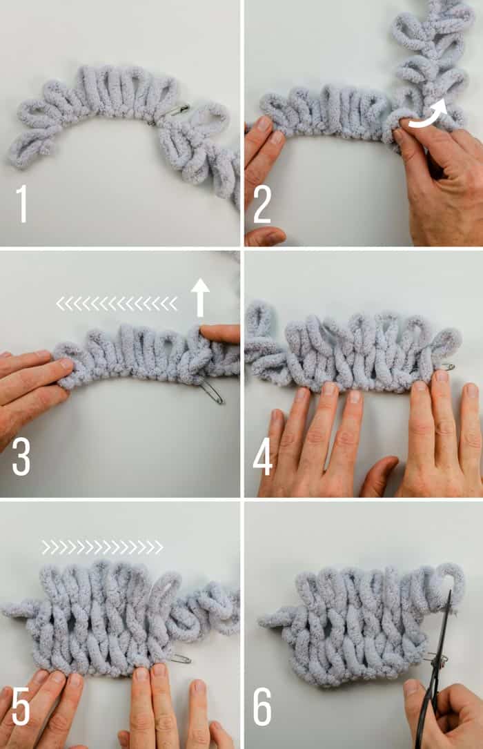 Basic, step-by-step instructions for finger knitting with loop yarn like Lion Brand Off the Hook or Bernat Alize.
