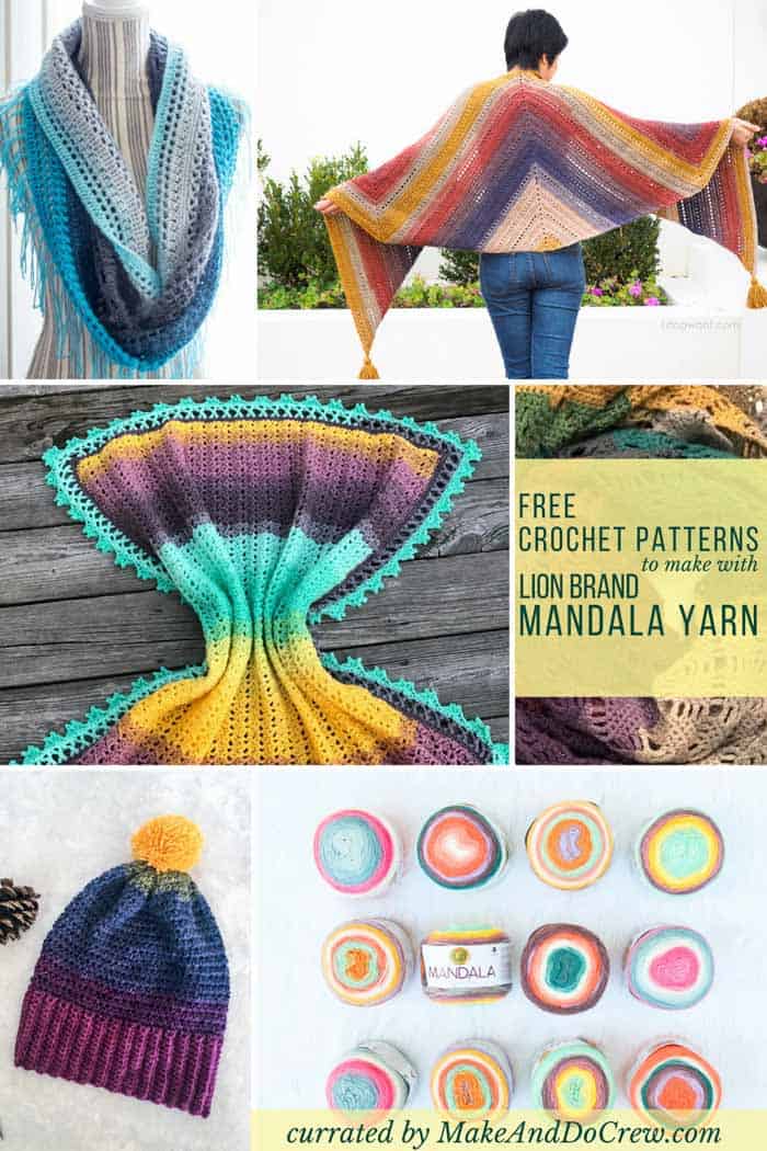 Who loves a good yarn cake? This collection of Lion Brand Mandala yarn free crochet patterns includes beanies, scarves, blankets, sweaters, mittens and more! Go ahead and paint your world colorful with this magical self-striping yarn!
