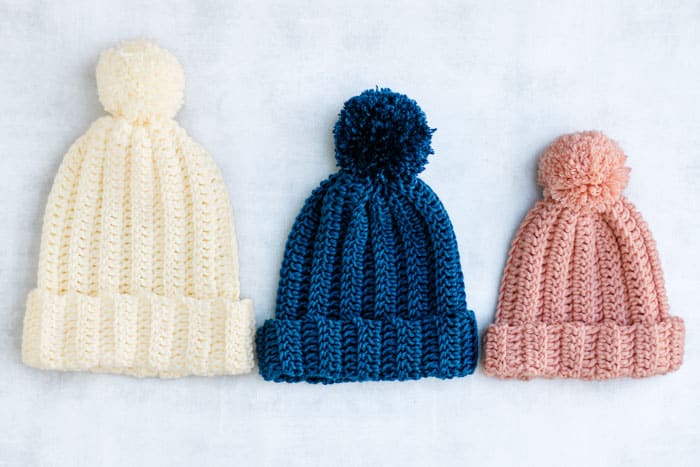 Three crochet beanie patterns in different colors and sizes.