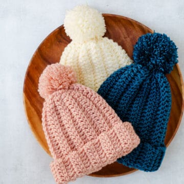 Very easy free crochet beanie pattern made from a rectangle in kids and adult sizes.