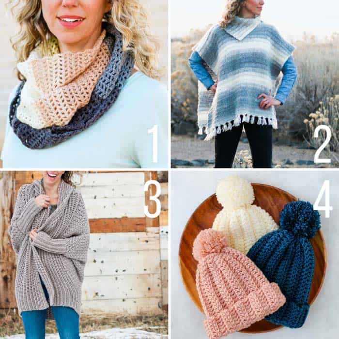 Free beginner crochet patterns featuring Lion Brand Yarn including a triangle scarf, fringed poncho, draped sweater and a very easy crochet beanie. All include crochet video tutorials!