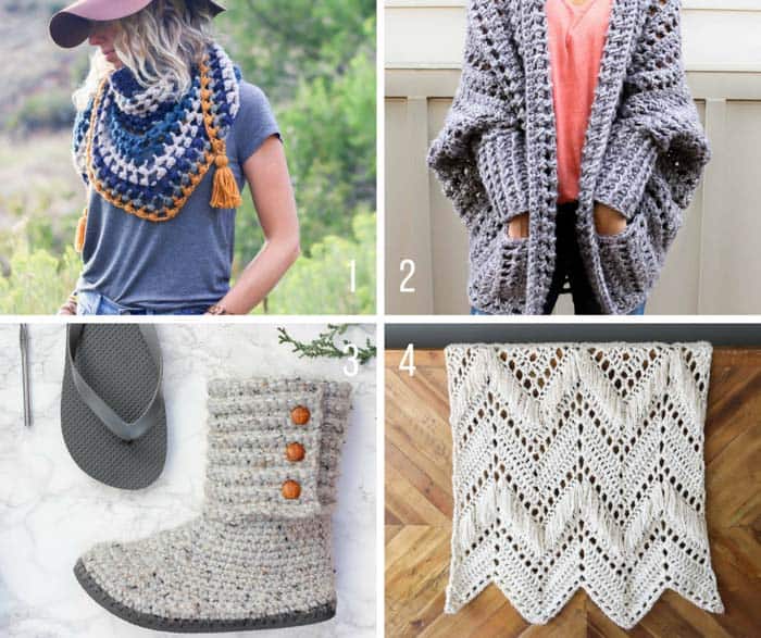 Free crochet patterns using Lion Brand Yarn including a triangle scarf, easy sweater, boots with flip flop soles and a Anthropologie-inspired crochet afghan.