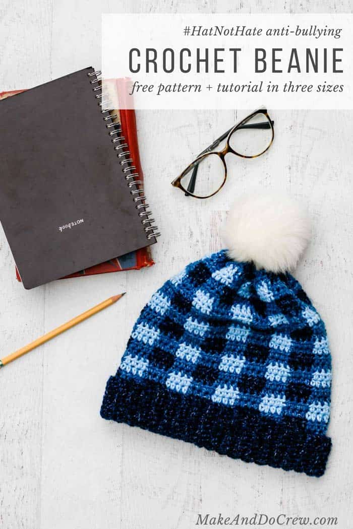 Support the #HatNotHat anti-bullying campaign with this free crochet plaid hat pattern in child, women and men's sizing. Easy color changes and very few ends to weave in! Made with Lion Brand Jeans yarn.