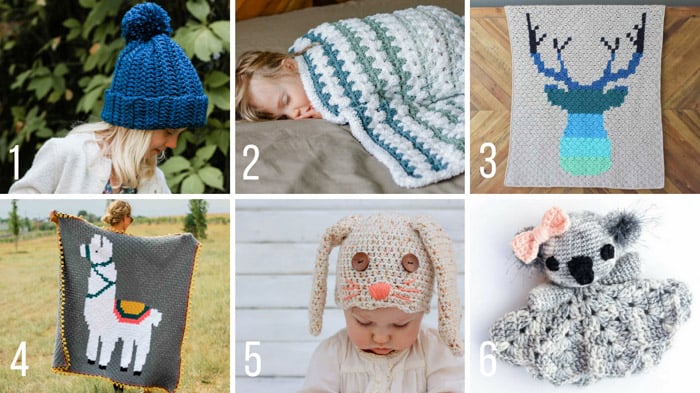 Free, modern crochet patterns to make for babies, children and kids including a bunny hat, an alpaca blanket and a koala lovey.