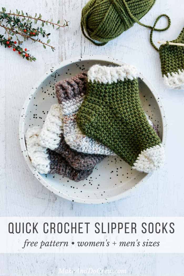 These simple crochet slipper socks for adults can be personalized to fit men and women of all sizes. The Wool-Ease Thick & Quick yarn gives them plenty of warmth, squish and durability and allows you to make a pair in 3-4 hours!