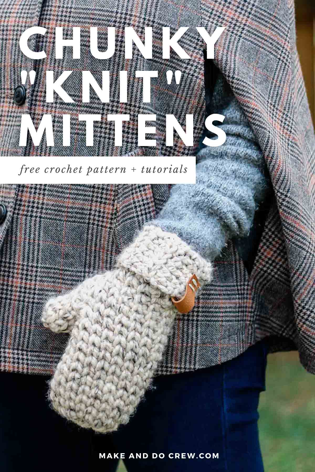 A close up of knit-look chunky crochet mittens made with Lion Brand Wool-Ease Thick & Quick.